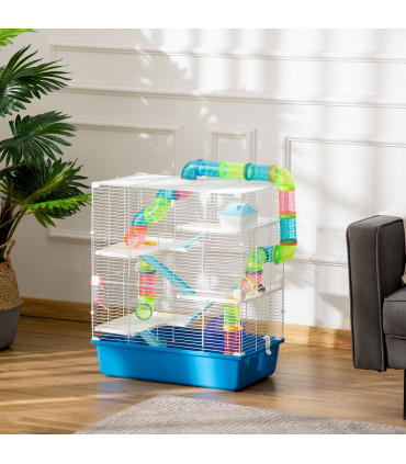 Five-Level Hamster Cage w/ Tubes, Water Bottle, Exercise Wheel, Ramps - Blue