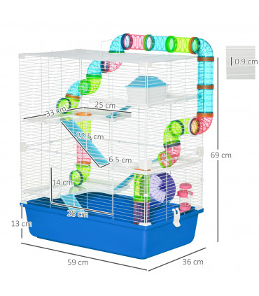 Five-Level Hamster Cage w/ Tubes, Water Bottle, Exercise Wheel, Ramps - Blue
