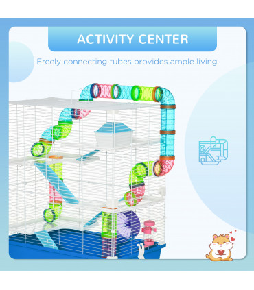 Five-Level Hamster Cage w/ Tubes, Water Bottle, Exercise Wheel, Ramps - Blue