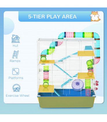 Five-Level Hamster Cage w/ Tubes, Water Bottle, Exercise Wheel, Ramps - Blue