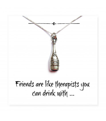 Necklace charm wine bottle 28 x 6mm Silver Plated Friends Funny on Message Card
