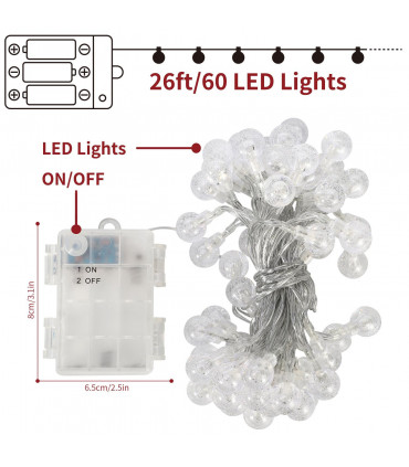 White 26ft Globe Fairy String Lights 60LED Battery Operated Decoration Light