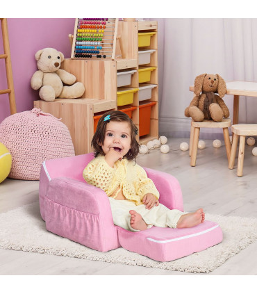 HOMCOM 2 In 1 Kids Armchair Sofa Bed Fold Out Padded Wood Frame Bedroom Pink