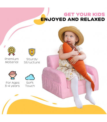 HOMCOM 2 In 1 Kids Armchair Sofa Bed Fold Out Padded Wood Frame Bedroom Pink
