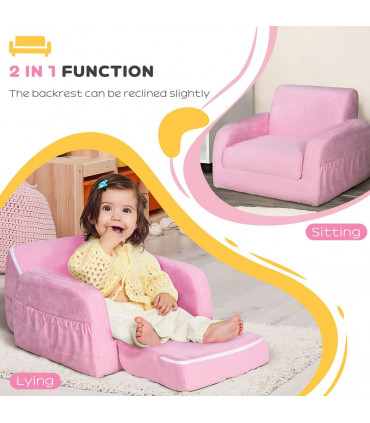 HOMCOM 2 In 1 Kids Armchair Sofa Bed Fold Out Padded Wood Frame Bedroom Pink
