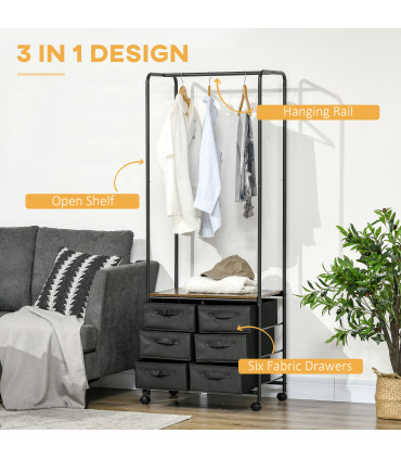 Clothes Rack Hanging Clothes Rail 6 Fabric Drawers 172.5H x 63.5L x 40Wcm Black