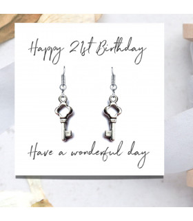 Earrings Silver Happy 21st Birthday & Message Card Silver Plated Key 15mm