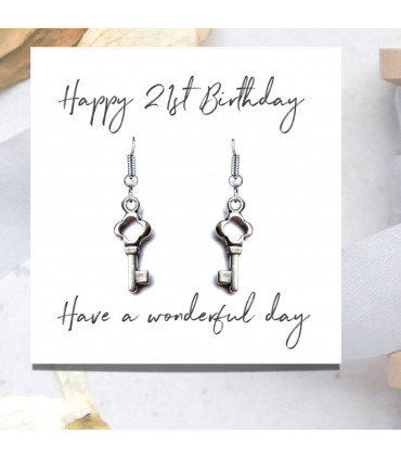 Earrings Silver Happy 21st Birthday & Message Card Silver Plated Key 15mm