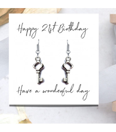 Earrings Silver Happy 21st Birthday & Message Card Silver Plated Key 15mm