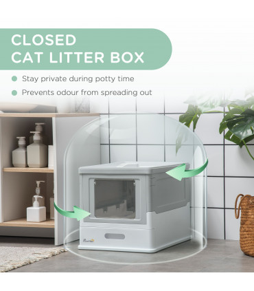 Hooded Cat Litter Box, Portable Pet Toilet, W/ Scoop, Tray, Grey Pawhut