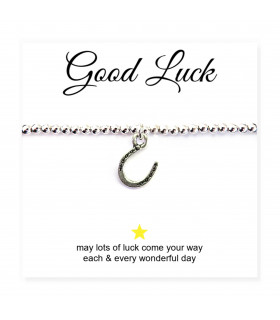 Horseshoe Charm Silver Beaded Bracelet with Good Luck Message Card