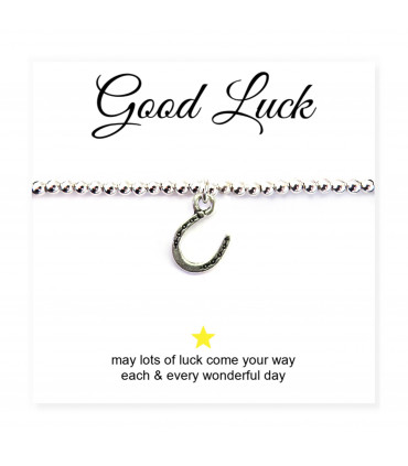 Horseshoe Charm Silver Beaded Bracelet with Good Luck Message Card