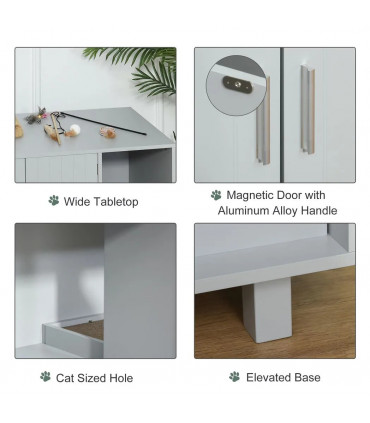 Indoor Feline Cat Box Furniture Kitty Table w/ Scratch & Magnetic Doors, Grey