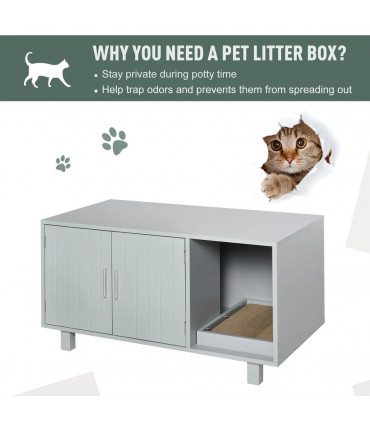 Indoor Feline Cat Box Furniture Kitty Table w/ Scratch & Magnetic Doors, Grey