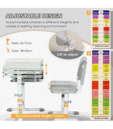 Kids Desk and Chair Set Adjustable Tiltable w/ Drawer, Pen Slot, Hook
