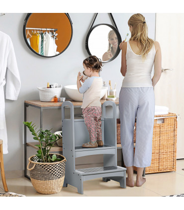 Kids Wooden 2-Step Stool Mini Ladder Assistance Unit Grey 80H x 45L x 40Wcm