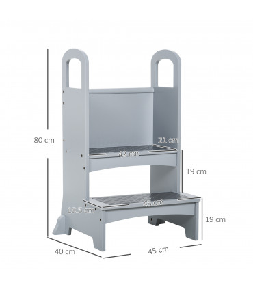 Kids Wooden 2-Step Stool Mini Ladder Assistance Unit Grey 80H x 45L x 40Wcm