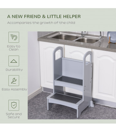 Kids Wooden 2-Step Stool Mini Ladder Assistance Unit Grey 80H x 45L x 40Wcm