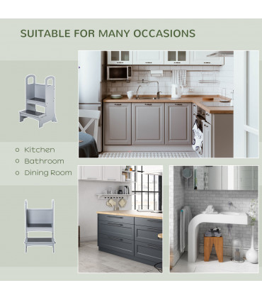 Kids Wooden 2-Step Stool Mini Ladder Assistance Unit Grey 80H x 45L x 40Wcm