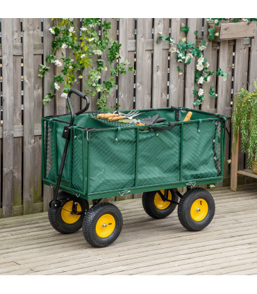 Large 4 Wheel Garden Cart Truck Trolley Wheelbarrow - Green Trailer - Dark Green