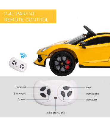 Ride-On Car Yellow metal PP Lamborghini SVJ 12V Lights Music Remote 3-8 Yrs