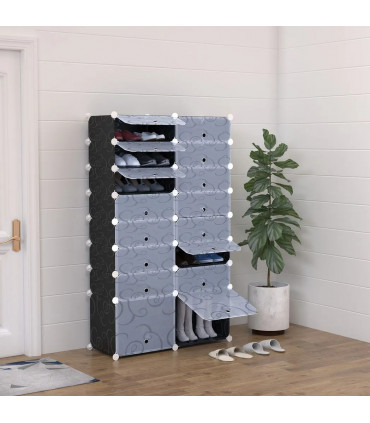 Shoe Rack Black and White 16-Cube Plastic Cabinet 160H x 95L x 37Wcm Durable