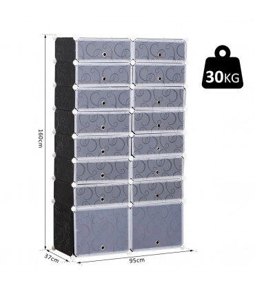 Shoe Rack Black and White 16-Cube Plastic Cabinet 160H x 95L x 37Wcm Durable