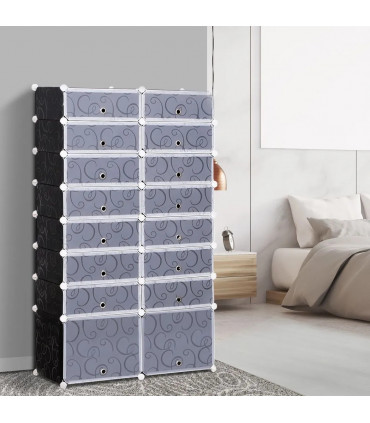 Shoe Rack Black and White 16-Cube Plastic Cabinet 160H x 95L x 37Wcm Durable