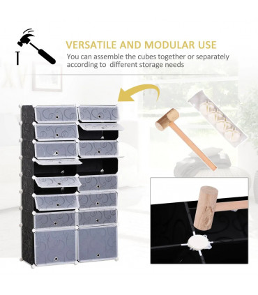 Shoe Rack Black and White 16-Cube Plastic Cabinet 160H x 95L x 37Wcm Durable