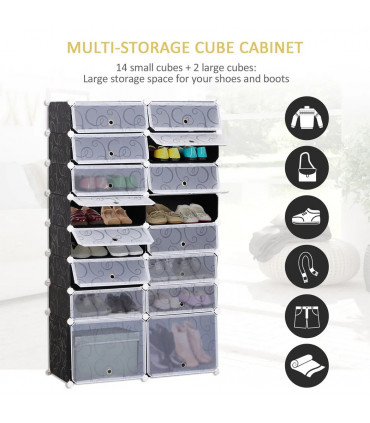 Shoe Rack Black and White 16-Cube Plastic Cabinet 160H x 95L x 37Wcm Durable