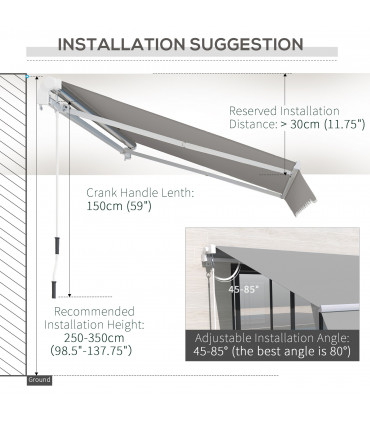 Awning Light Grey Aluminium Polyester 395cm x 250cm 4x2.5m Manual Shade Handle