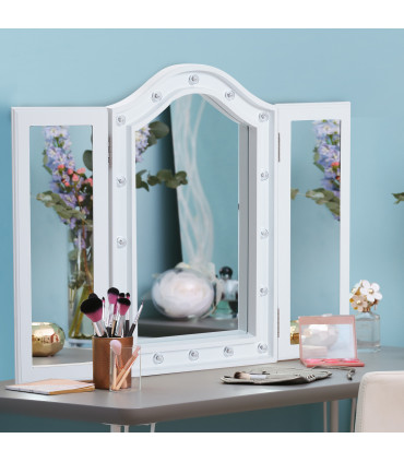 LED Lights Vanity Mirror Tri-Fold White MDF Frame Battery Powered 73W x 53.5Hcm