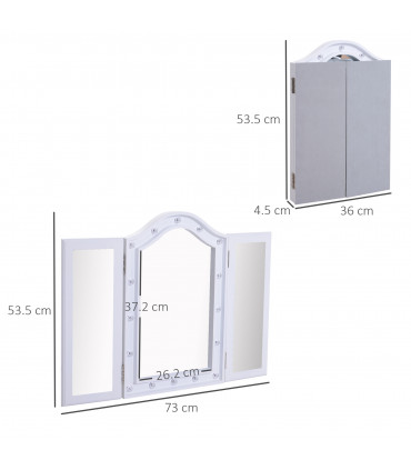 LED Lights Vanity Mirror Tri-Fold White MDF Frame Battery Powered 73W x 53.5Hcm