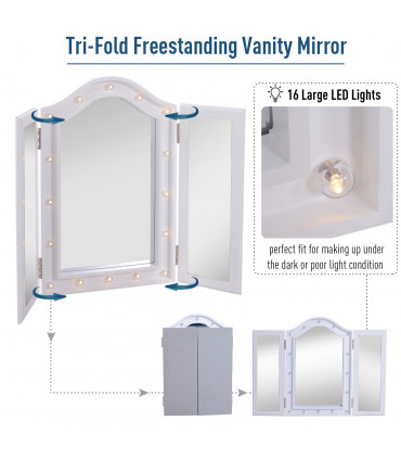 LED Lights Vanity Mirror Tri-Fold White MDF Frame Battery Powered 73W x 53.5Hcm