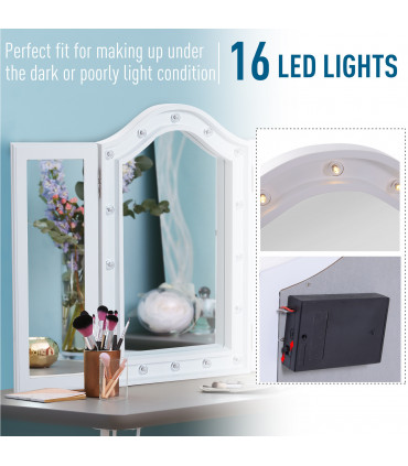 LED Lights Vanity Mirror Tri-Fold White MDF Frame Battery Powered 73W x 53.5Hcm