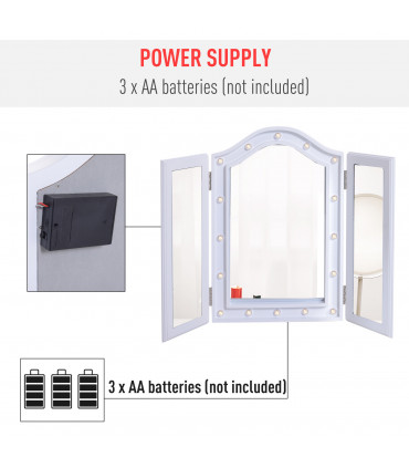 LED Lights Vanity Mirror Tri-Fold White MDF Frame Battery Powered 73W x 53.5Hcm