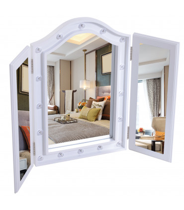 LED Lights Vanity Mirror Tri-Fold White MDF Frame Battery Powered 73W x 53.5Hcm