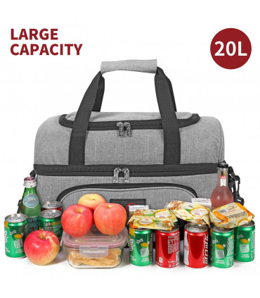 Cooler Bag Dual Compartment Grey 20L Oxford PEVA EPE Leak-proof Large Capacity