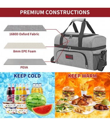 Cooler Bag Dual Compartment Grey 20L Oxford PEVA EPE Leak-proof Large Capacity