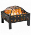 Outdoor Fire Pit - Black Metal 66L x 66W x 58H cm with Mesh Lid and Poker