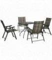 Garden Dining Set Grey Steel Rattan 80cm Round Table 4 Folding Chairs Umbrella