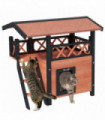 Outdoor Cat House with Balcony Stairs Roof, Brown, Fir Wood, 77L x 50W x 73H cm