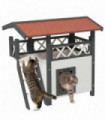 Outdoor Cat House with Balcony Stairs Roof, White, Fir Wood, 77L x 50W x 73H cm