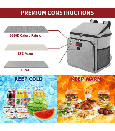 Cooler Backpack 26Lt Grey 1680D Oxford PEVA EPE Wide Opening Leak-proof Lining
