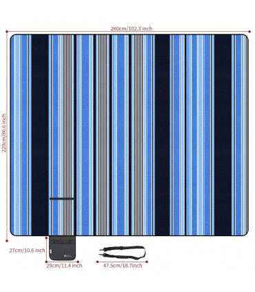 Acrylic Blue Stripe 260X220cm Folding Picnic Blanket Waterproof & Sandproof