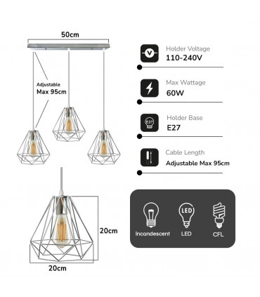 Ceiling Pendant Light Metal Chrome 20cm Diamond Wire Cage E27 Base 3 Head
