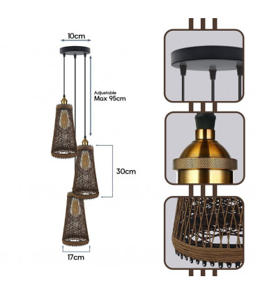 Ceiling Pendant Light 3 Head Natural Wicker Basket Style Retro Industrial Vinta