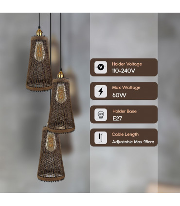 Ceiling Pendant Light 3 Head Natural Wicker Basket Style Retro Industrial Vinta