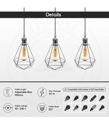 Metal Chrome Vintage Industrial E27 Ceiling Hanging Light Cage Shade 20x40x30 cm