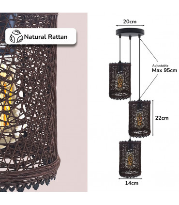 Pendant Light Vintage/Retro Rattan PVC Metal Dark Brown 22cm 3 Head 14cm